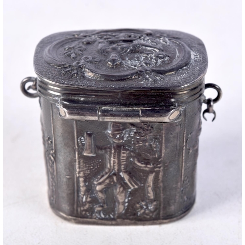 908 - A CONTINENTAL SILVER BOX WITH HINGED LID DECORATED WITH FIGURES.  3.2cm x 3.1cm x 2.7cm, weight 16.3... 