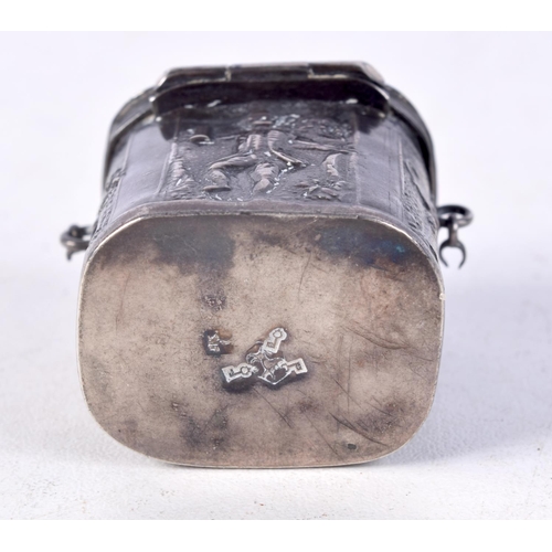 908 - A CONTINENTAL SILVER BOX WITH HINGED LID DECORATED WITH FIGURES.  3.2cm x 3.1cm x 2.7cm, weight 16.3... 