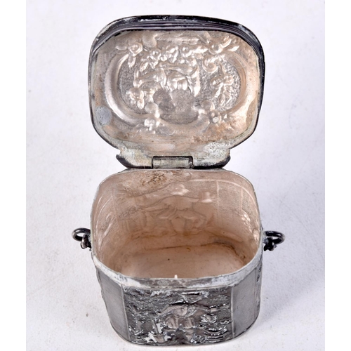 908 - A CONTINENTAL SILVER BOX WITH HINGED LID DECORATED WITH FIGURES.  3.2cm x 3.1cm x 2.7cm, weight 16.3... 