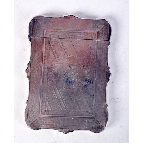 910 - A SILVER CARD CASE WITH ENGINE TURNED DECORATION AND INSCRIBED 