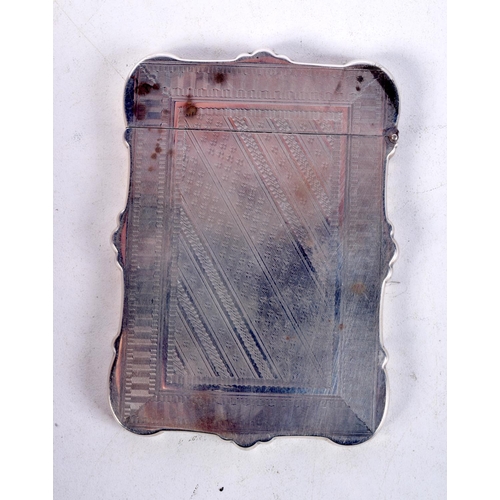 910 - A SILVER CARD CASE WITH ENGINE TURNED DECORATION AND INSCRIBED 