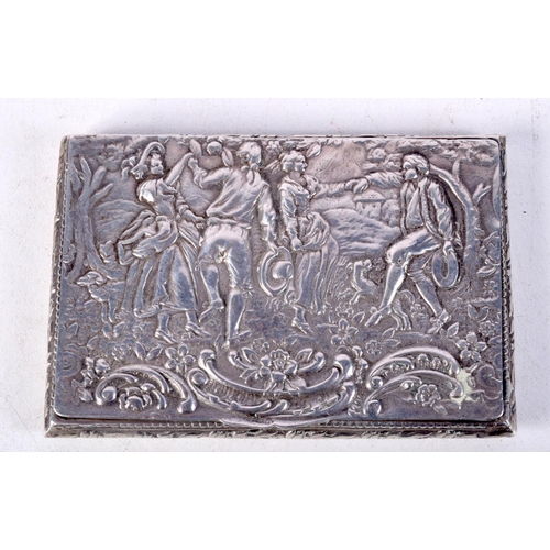 918 - A  CONTINENTAL SILVER BOX EMBOSSED WITH DANCING FIGURES.  Unable to read markings, 1cm x 8.6cm x 5.7... 