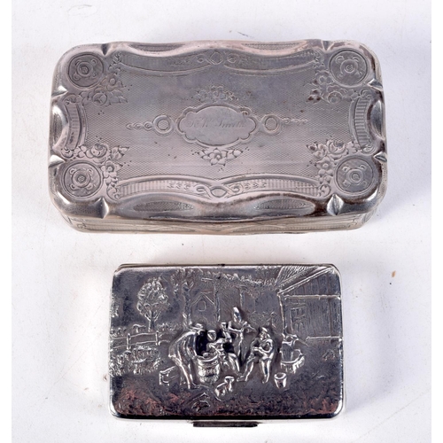 920 - TWO CONTINENTAL SILVER SNUFF BOXES.  Stamped Denmark and a Dutch Silver Mark,  Largest 1.9cm x 8.1cm... 