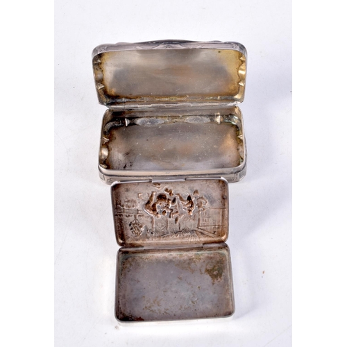 920 - TWO CONTINENTAL SILVER SNUFF BOXES.  Stamped Denmark and a Dutch Silver Mark,  Largest 1.9cm x 8.1cm... 