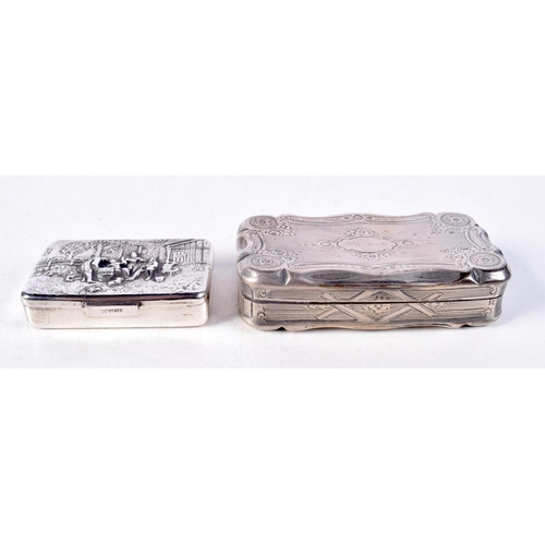 920 - TWO CONTINENTAL SILVER SNUFF BOXES.  Stamped Denmark and a Dutch Silver Mark,  Largest 1.9cm x 8.1cm... 