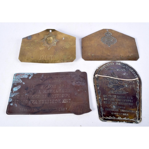 930 - FOUR LOVELY EARLY 20TH CENTURY MIXED METAL PLAQUES including cock fighting association, Coldstream g... 