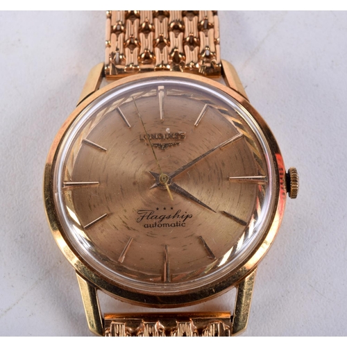 983 - A GOOD 18CT GOLD LONGINES FLAGSHIP WRISTWATCH with 18ct gold strap. 89.3 grams. 3.6 cm wide inc crow... 