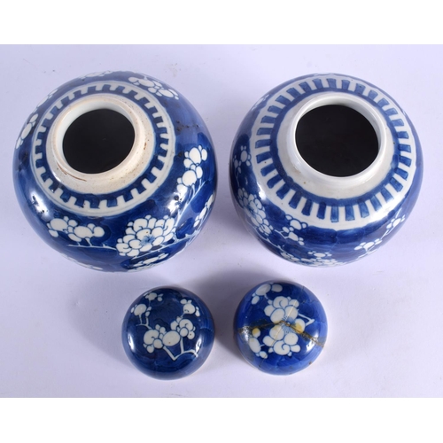 1502 - TWO 19TH CENTURY CHINESE BLUE AND WHITE PORCELAIN GINGER JARS AND COVERS. Largest 15 cm high. (2)