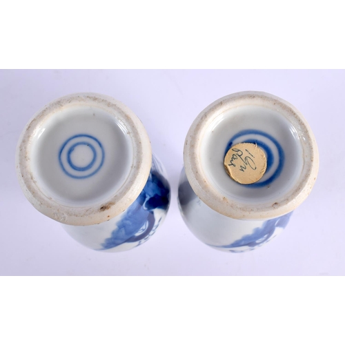 1503 - A PAIR OF 19TH CENTURY CHINESE BLUE AND WHITE PORCELAIN VASES Kangxi style. 15 cm high.