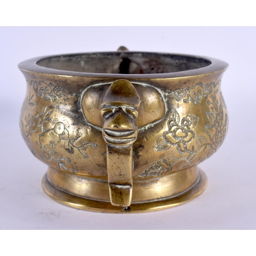 1510 - A 19TH CENTURY CHINESE TWIN HANDLED BRONZE CENSER Qing, decorated with birds and foliage. 17 cm wide... 