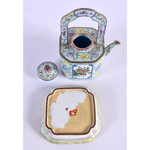 1513 - A 19TH CENTURY CHINESE CANTON ENAMEL SQUARE FORM DISH together with a similar teapot and cover. Larg... 