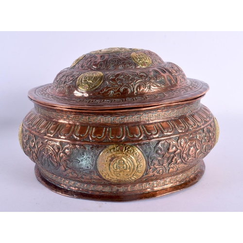 1518 - A RARE 18TH/19TH CENTURY TIBETAN COPPER AND YELLOW METAL EMBOSSED BOX AND COVER decorated with buddh... 