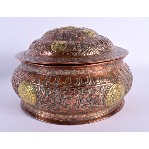 1518 - A RARE 18TH/19TH CENTURY TIBETAN COPPER AND YELLOW METAL EMBOSSED BOX AND COVER decorated with buddh... 