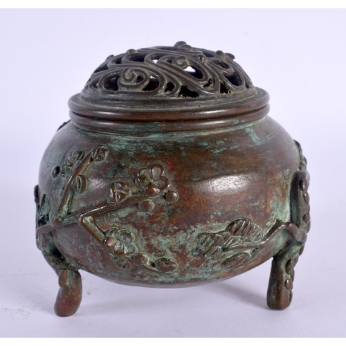 1524 - A 19TH CENTURY JAPANESE MEIJI PERIOD BRONZE CENSER AND COVER overlaid with bamboo. 10 cm wide.