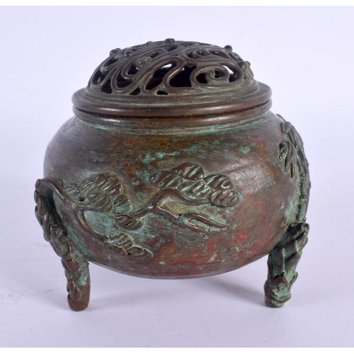 1524 - A 19TH CENTURY JAPANESE MEIJI PERIOD BRONZE CENSER AND COVER overlaid with bamboo. 10 cm wide.