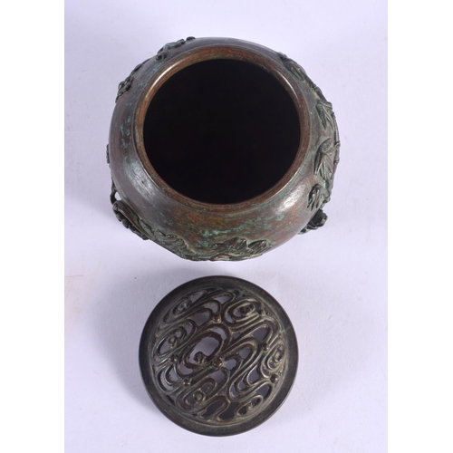 1524 - A 19TH CENTURY JAPANESE MEIJI PERIOD BRONZE CENSER AND COVER overlaid with bamboo. 10 cm wide.