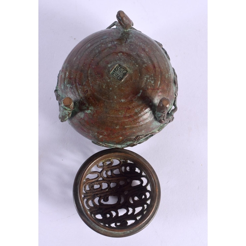 1524 - A 19TH CENTURY JAPANESE MEIJI PERIOD BRONZE CENSER AND COVER overlaid with bamboo. 10 cm wide.