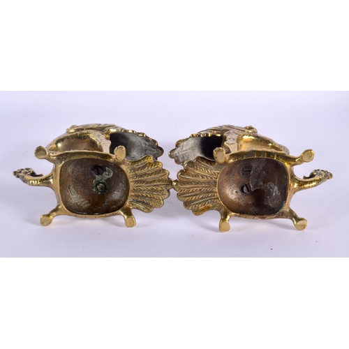 1525 - A PAIR OF 19TH CENTURY JAPANESE MEIJI PERIOD POLISHED BRONZE FIGURES modelled as birds upon minogame... 