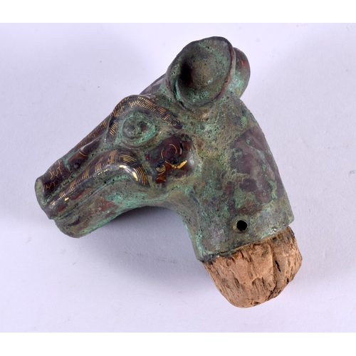 1530 - AN UNUSUAL CHINESE BRONZE DEER HEAD GOLD INLAID POLE FINIAL possibly Qing, within a fitted hardwood ... 