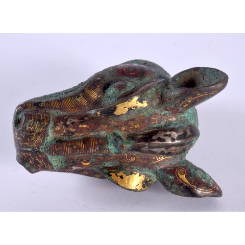 1530 - AN UNUSUAL CHINESE BRONZE DEER HEAD GOLD INLAID POLE FINIAL possibly Qing, within a fitted hardwood ... 