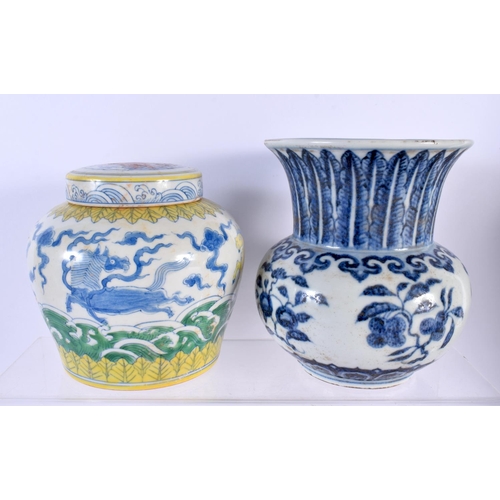 1534 - A LARGE CHINESE BLUE AND WHITE TWIN HANDLED PORCELAIN VASE 20th Century, together Zhadou etc. Larges... 