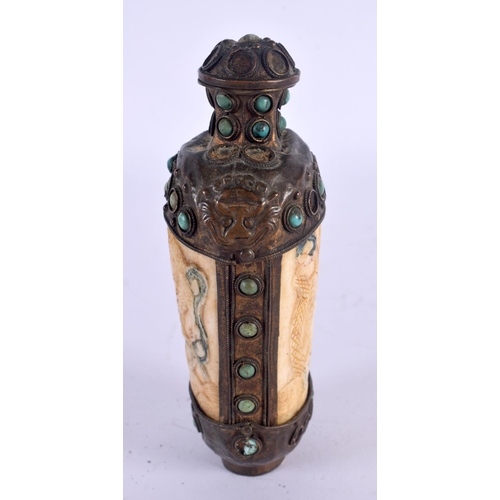 1541 - A 19TH CENTURY TIBETAN TURQUOISE AND BONE MOUNTED SNUFF BOTTLE AND STOPPER decorated with dragons. 1... 