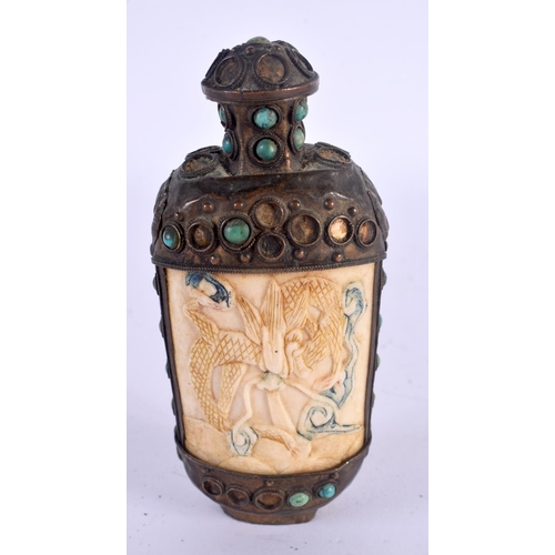 1541 - A 19TH CENTURY TIBETAN TURQUOISE AND BONE MOUNTED SNUFF BOTTLE AND STOPPER decorated with dragons. 1... 