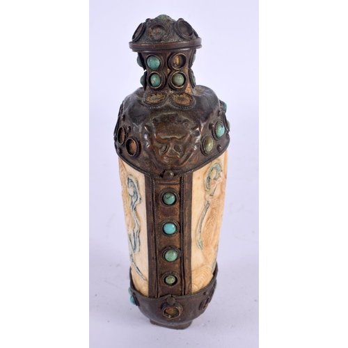 1541 - A 19TH CENTURY TIBETAN TURQUOISE AND BONE MOUNTED SNUFF BOTTLE AND STOPPER decorated with dragons. 1... 