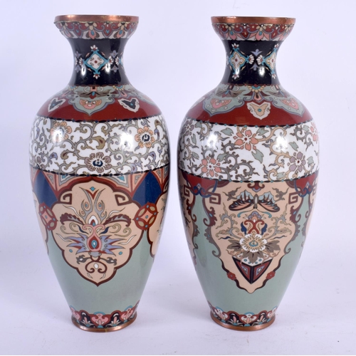 1551 - A PAIR OF 19TH CENTURY JAPANESE MEIJI PERIOD CLOSIONNE ENAMEL VASES decorated with phoenix birds. 18... 