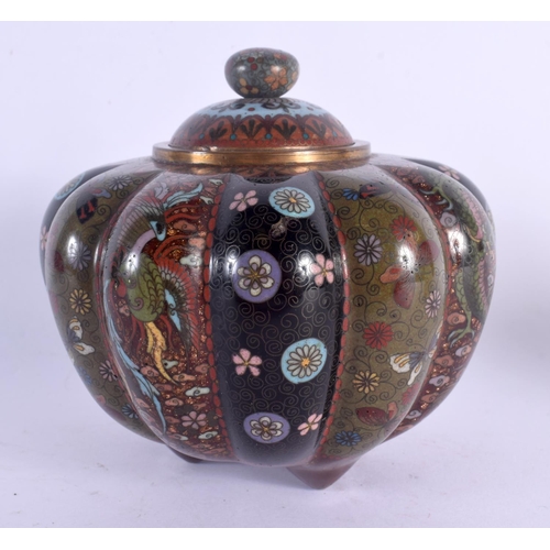 1552 - A 19TH CENTURY JAPANESE MEIJI PERIOD CLOISONNE ENAMEL CENSER AND COVER decorated with birds and inse... 