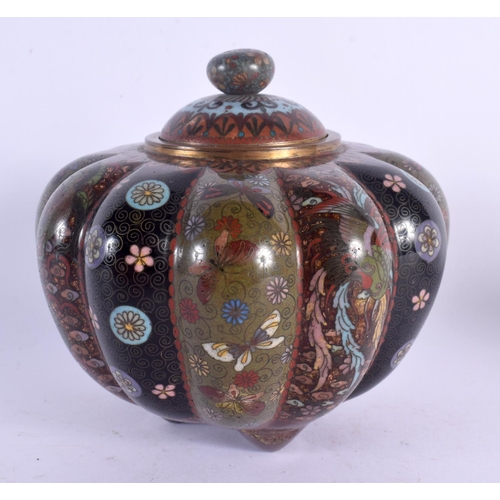 1552 - A 19TH CENTURY JAPANESE MEIJI PERIOD CLOISONNE ENAMEL CENSER AND COVER decorated with birds and inse... 