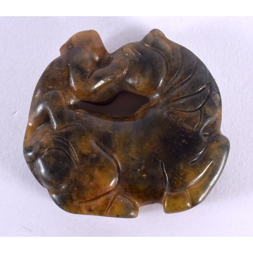 1559 - A 19TH CENTURY CHINESE CARVED JADE MONKEY AND HORSE ROUNDEL Qing. 5 cm wide.