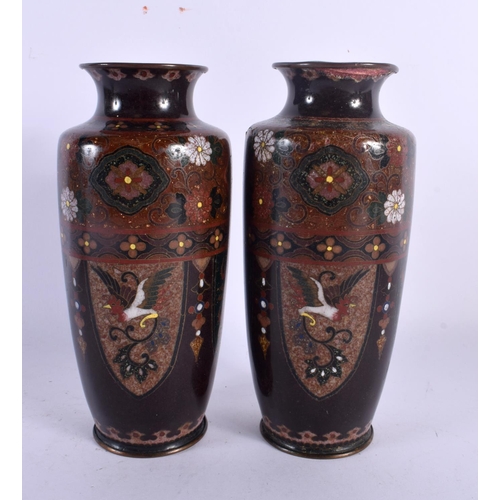 1581 - A PAIR OF 19TH CENTURY JAPANESE MEIJI PERIOD CLOISONNE ENAMEL VASES decorated with birds and foliage... 