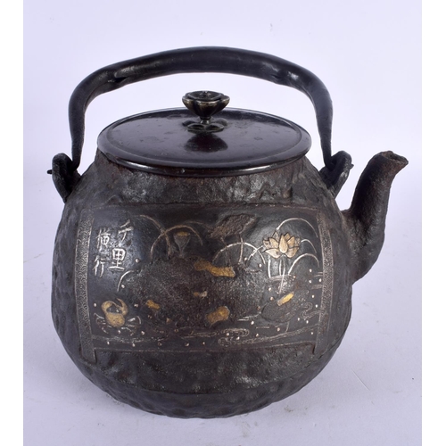 1587 - A FINE 18TH/19TH CENTURY JAPANESE MEIJI PERIOD GOLD AND SILVER INLAID IRON TEAPOT decorated with lan... 