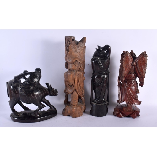 1595 - FOUR LARGE 19TH CENTURY CHINESE CARVED HARDWOOD FIGURES Qing. Largest 32 cm high. (4)