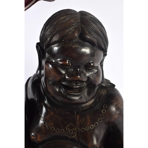 1600 - A RARE LARGE 19TH CENTURY CHINESE SILVER INLAID WOOD FIGURE OF A MALE Qing. 42 cm x 15 cm.