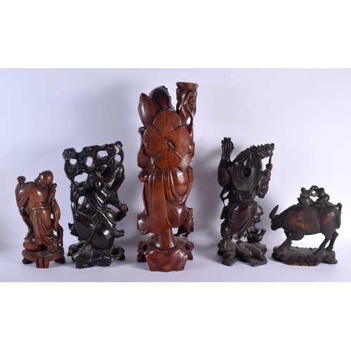 1601 - FIVE LARGE 19TH CENTURY CHINESE CARVED HARDWOOD FIGURES Qing. Largest 47 cm high. (5)