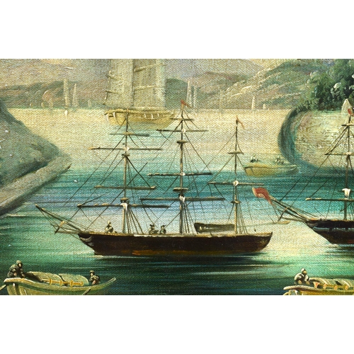 1606 - Chinese School (20th Century) Oil on canvas, Chinese harbour scene. 114 cm x 75 cm.