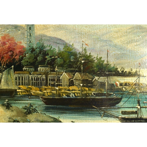 1606 - Chinese School (20th Century) Oil on canvas, Chinese harbour scene. 114 cm x 75 cm.