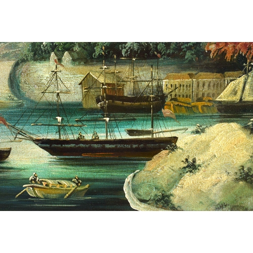 1606 - Chinese School (20th Century) Oil on canvas, Chinese harbour scene. 114 cm x 75 cm.