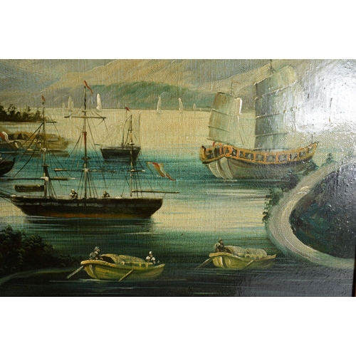 1606 - Chinese School (20th Century) Oil on canvas, Chinese harbour scene. 114 cm x 75 cm.