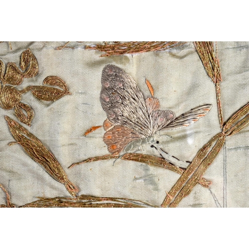 1615 - A LARGE 19TH CENTURY JAPANESE MEIJI PERIOD FRAMED SILK WORK PANEL depicting birds. 130 cm x 54 cm.