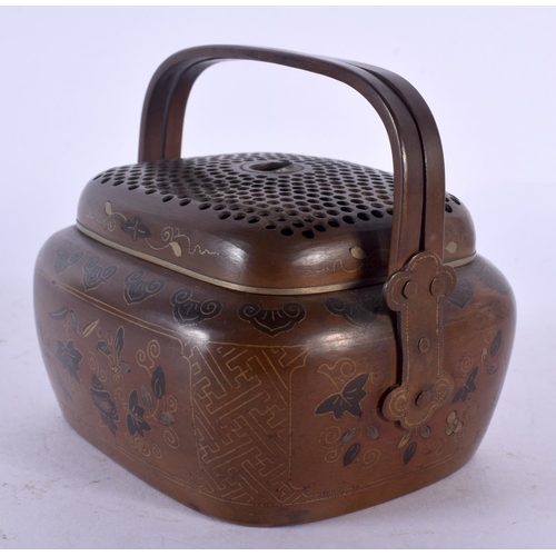 1622 - A RARE 19TH CENTURY CHINESE MIXED METAL INLAID HAND WARMER AND COVER Qing. 9 cm x 8 cm.