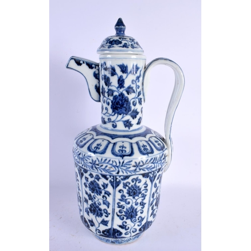 1632 - A LARGE CHINESE BLUE AND WHITE ISLAMIC STYLE PORCELAIN EWER AND COVER 20th Century. 38 cm x 12 cm.