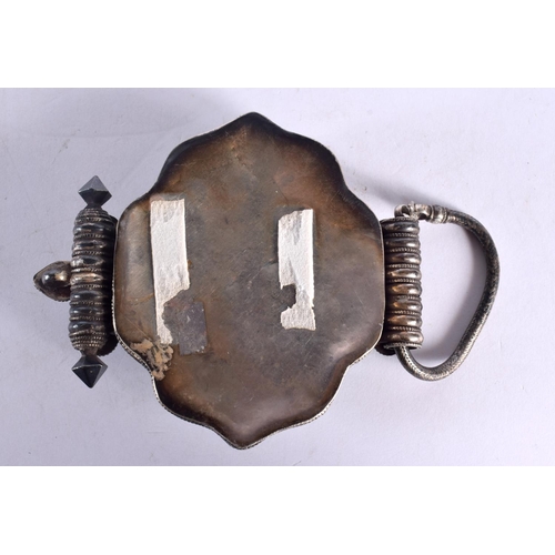 1639 - A 19TH CENTURY TIBETAN TRIBAL SILVER TURQUOISE AND CORAL HANGING PENDANT BOX with filigree decoratio... 