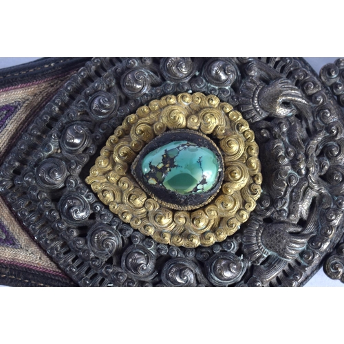 1642 - A FINE 18TH/19TH CENTURY CHINESE TIBETAN SILVER TURQUOISE AND SILK HANGING decorated with a buddhist... 