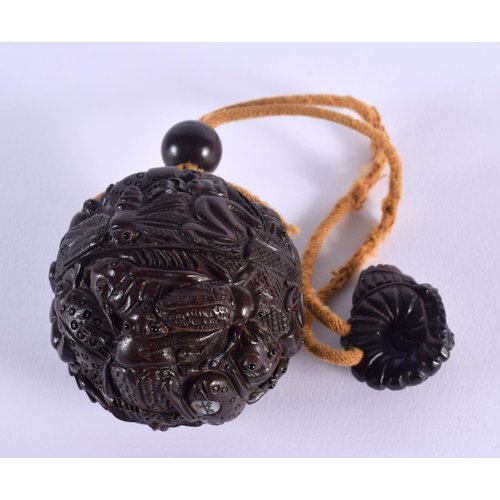 1650 - A JAPANESE CARVED BOXWOOD INRO with attached netsuke. Inro 7 cm wide.