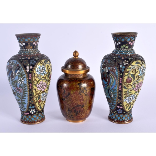 1664 - A PAIR OF LATE 19TH CENTURY JAPANESE MEIJI PERIOD ENAMELLED COPPER VASES together with another. Larg... 