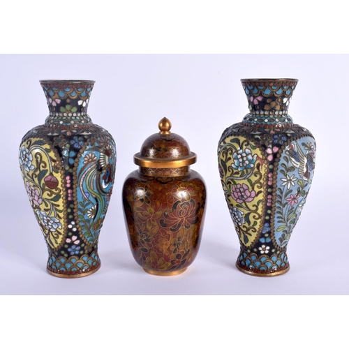 1664 - A PAIR OF LATE 19TH CENTURY JAPANESE MEIJI PERIOD ENAMELLED COPPER VASES together with another. Larg... 