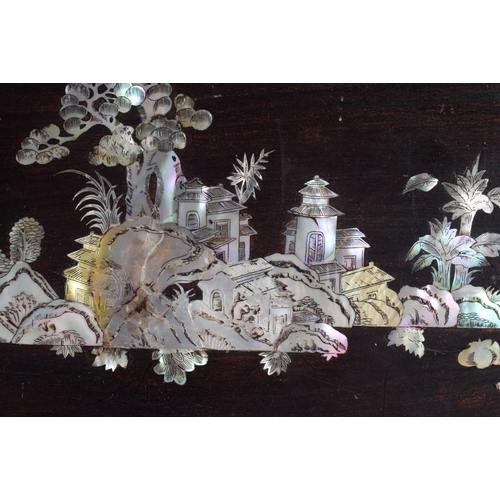 1667 - A LARGE 19TH CENTURY CHINESE CARVED HARDWOOD MOTHER OF PEARL TRAY decorated with figures. 64 cm x 46... 